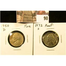 1950 D Fine & 1972 S Proof Jefferson Nickels.
