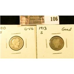 1910 S G-VG & 1913 S Good U.S. Barber Dimes.