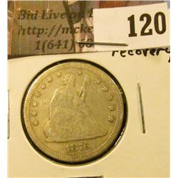 1876 U.S. Seated Liberty Quarter, about Fine, ground recovery.