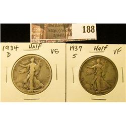 1934 D VG & 37 S VF Walking Liberty Half Dollars.