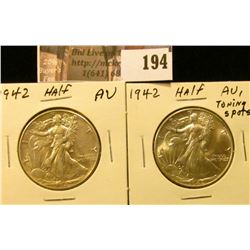 (2) 1942 P Walking Liberty Half Dollars, AU.