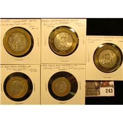 Mexico Assortment Sterling Silver Centers $10, $20, $50, & $100 Pesos. Five Coins with total silver 