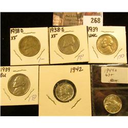 1938D EF, 38S EF, (2) 39P EF-Unc Jefferson Nickels; 1942P BU & 44P BU Mercury Dimes.