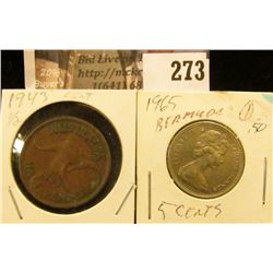 1943 Australia Half Penny & 1965 Bahama Five Cent Coins.
