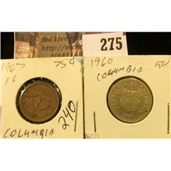 Colombia Coins: 1967 1 Cen & 1960 Ten Pesos.