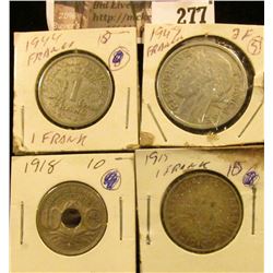 French Coins: 1918 Ten Centimes, 1947 Two Francs, 1915 & 1944 One Franc.