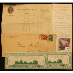 Group of Banking, Postal, and Land History Memorabilia. Includes a letter on letter head from "The F