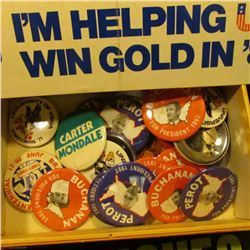 Group of Political Bumper Stickers; "Van Dyck" Cigar Box; & a large group of Pin-backs, most of whic