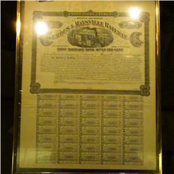 1877 matted and framed "United States of America State of Ohio Columbus & Maysville Railway Southern