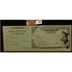 Series of 1878 "Distilled Spirits For Exportation" punch cancelled unissued Stamp with stub. Near Mi