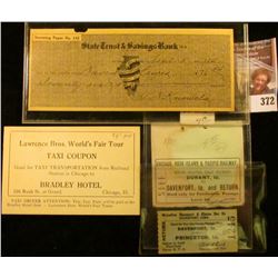 College Scrip Check "State Trust & Savings Bank of Peoria, Ill."; Lawrence Bros. World's Fair Tour T