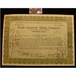 1923 Ten Shares of "North American Edison Company" Preferred Stock Certificate, hole cancelled.