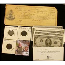March 13th, 1894 Mechanicsville, Iowa Promissory Note; (12) $100 miniature $100 Federal Reserve Note