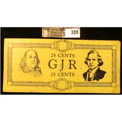 "25 CENTS GJR 25 CENTS" George Junior Republic Banknote with Post mark "Reissued Jul 23 1933 GEORGE 