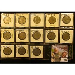 (13) 1938 D Jefferson Nickels, all carded and priced. Grades VG to AU.