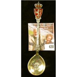 Haakon VII King of Norway 1906 Coronation commemorative spoon, marked 925S M. HAMMER, Ornate enamele