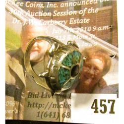 Silver turtle ring with inlaid turquoise and black onyx, size 7 ½, old Indian Reservation pawn ring