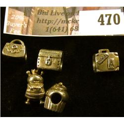(5) Sterling Pandora charms – a purse, a suitcase, a steamer trunk chest, a cupcake, and a queen bee