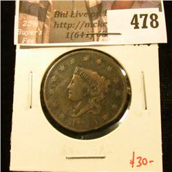 1820 Large Cent, F, clipped, value $30