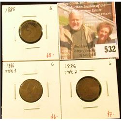 (3) tougher date Indian Head Cents – 1885, 1886 type 1 & 1886 type 2, all G, group value $21