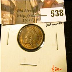 1890 Indian Head Cent, AU+, luster, 4 full diamonds, value $30