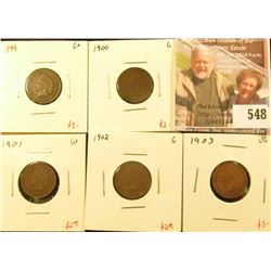Group of 5 different Indian Head Cents – 1899, 1900, 1901, 1902, all G, 1903, VG, group value $12