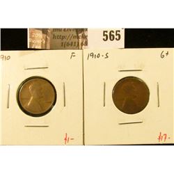 (2) Lincoln Cents, 1910 F & 1910-S G+, value for pair $18