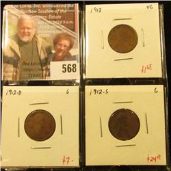 (3) Lincoln Cents, 1912 VG, 1912-D G, 1912-S G, group value $32+