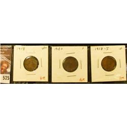 (3) Lincoln Cents, 1918 VF+, 1918-D F, 1918-S VF, group value $7