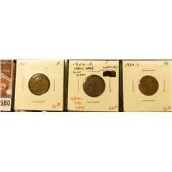 (3) Lincoln Cents, 1924 VF, 1924-D F w/scratches (tough date, semi-key), strong date & mint mark, 19