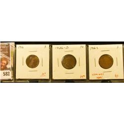 (3) Lincoln Cents, 1926 F, 1926-D F+, 1926-S (semi-key date) F, group value $17+