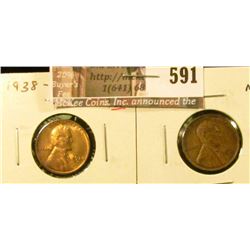 (2) Lincoln Cents, 1938-S BU MS64+ RED & 1939 BU MS63 BN, value for pair $10
