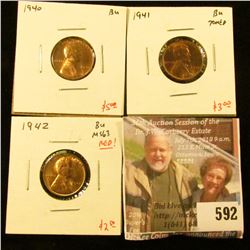 (3) Lincoln Cents, 1940 BU, 1941 BU toned, 1942 BU MS63 RD, group value $10+