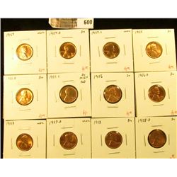 (12) Lincoln Cents, 1954PDS, 1955PDS, 1956PD, 1957PD, 1958PD, complete date and mintmark run from 19