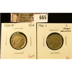 (2) Buffalo Nickels, 1920-D G/VG & 1920-S G, reverse lamination, value for pair $15