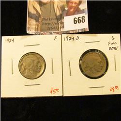 (2) Buffalo Nickels, 1924 F & 1924-D G, full date, value for pair $13+