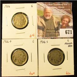 (3) Buffalo Nickels, 1926 G, 1926-D G, 1926-S G partial date (key date, low mintage), group value $3