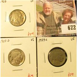 (3) Buffalo Nickels, 1927 VF, 1927-D VG, 1927-S VG, group value $13