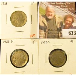 (3) Buffalo Nickels, 1928 VF, 1928-D F, 1928-S VG, group value $12