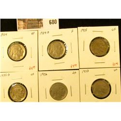 (6) Buffalo Nickels, 1934 VF, 1934-D F, 1935 VF, 1935-D VF, 1936 VF, 1937 VF, group value $20