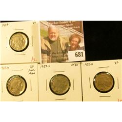 (4) Buffalo Nickels, 1937 XF, 1937-D XF, 1937-S VF30, 1938-D XF, group value $15