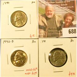 (3) Jefferson Nickels, 1940, 1940-D, 1941, all BU, group value $7 to $20
