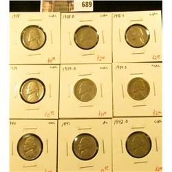 (9) Jefferson Nickels, 1938PDS, 1939PDS, 1942-D, all in circulated grades, 1940 UNC, 1941 AU, group 
