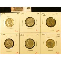 (6) Jefferson Nickels, 1942-P, 1943-P, 1943-S, 1944-S, 1945-P, 1945-S (toned), all AU, group value $