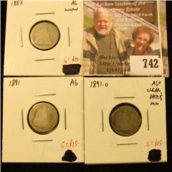 (3) Seated Liberty Dimes, 1887, 1891, 1891-O, all AG with clear dates, G value $15 each, group value