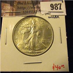 987 . 1937 Walking Liberty Half Dollar, AU58, minimal wear, SHARP,