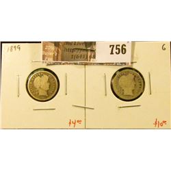 (2) Barber Dimes, 1899 & 1899-O, both G, value for pair $14