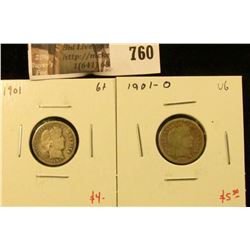 (2) Barber Dimes, 1901 G+, 1901-O VG, value for pair $9+