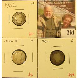 (3) Barber Dimes, 1902P, O, S, all G, group value $17