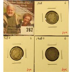 (3) Barber Dimes, 1908 P, D, S, all G, group value $12